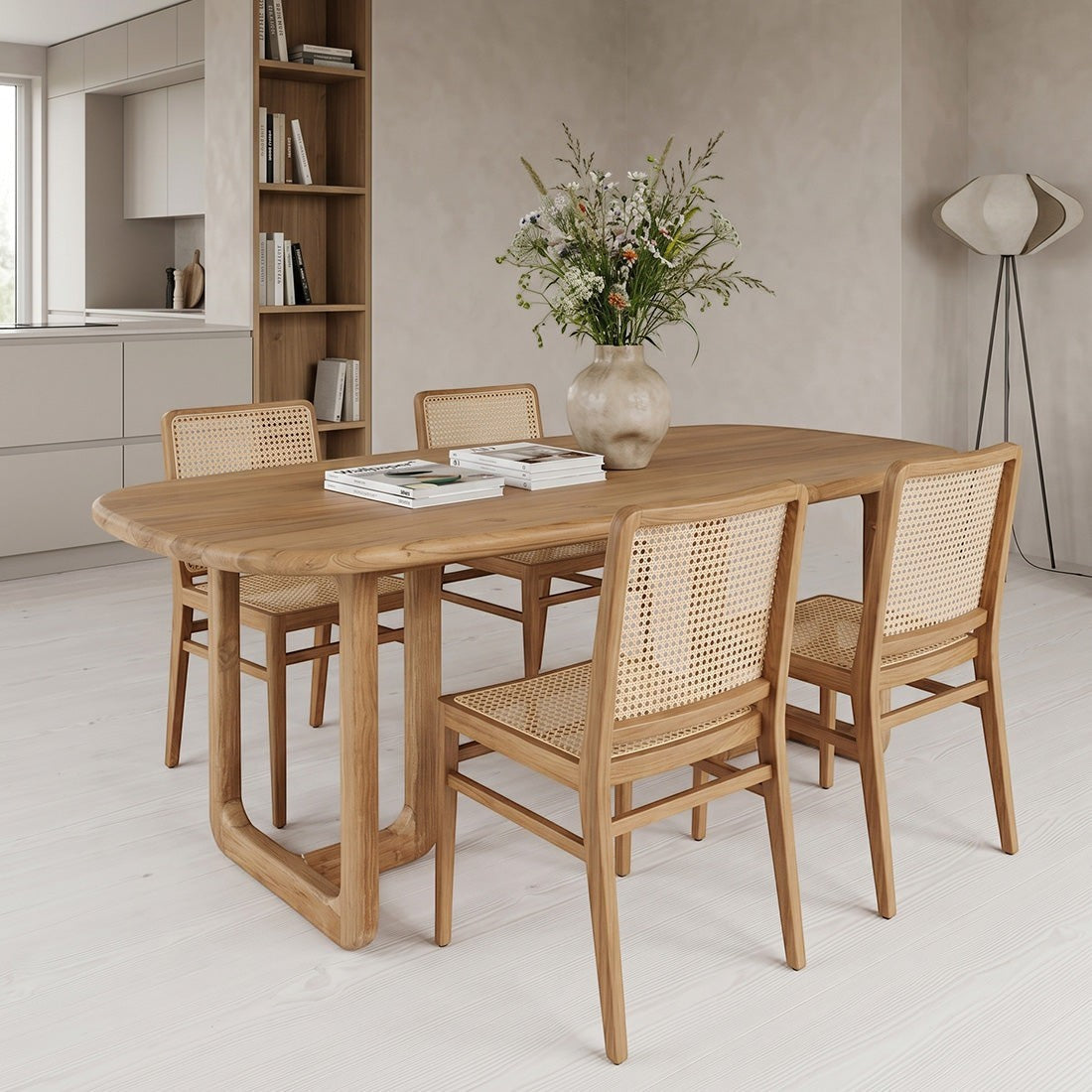 Kayu Living Invierno 240cm rectangular teak dining table with rounded corners and organic base in a modern dining room.