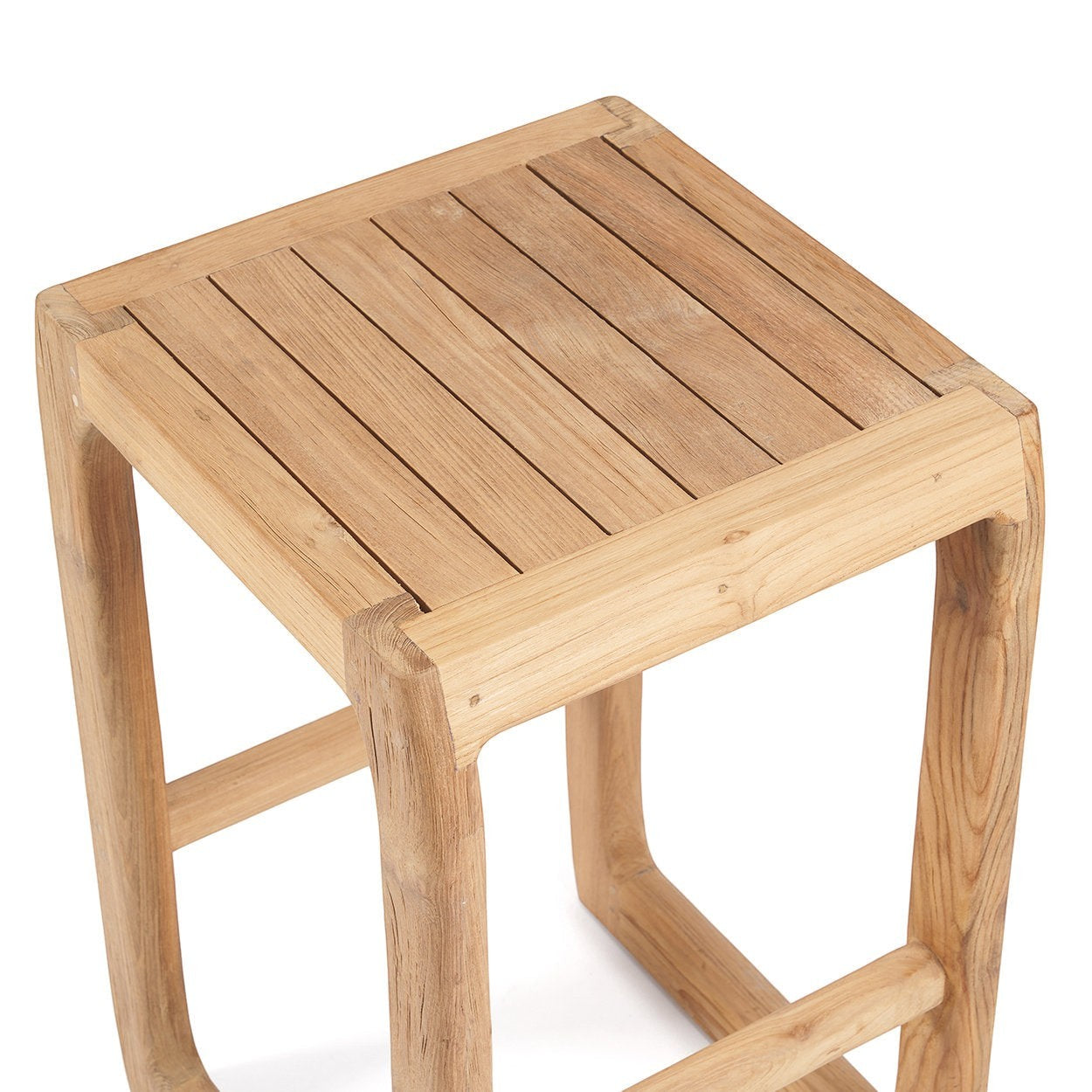Kayu Living Ithaca bar stool made of natural recycled teak wood with a durable, weather-resistant slatted design.