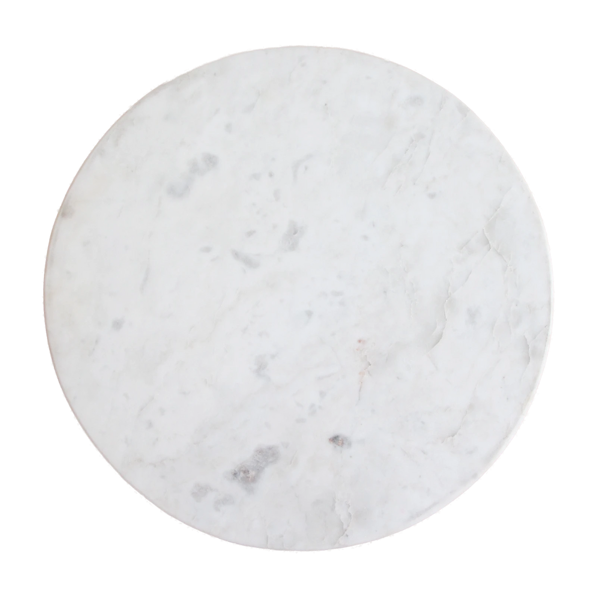 Kayu Living Malakka round white marble side table top with natural grey veining viewed from directly above