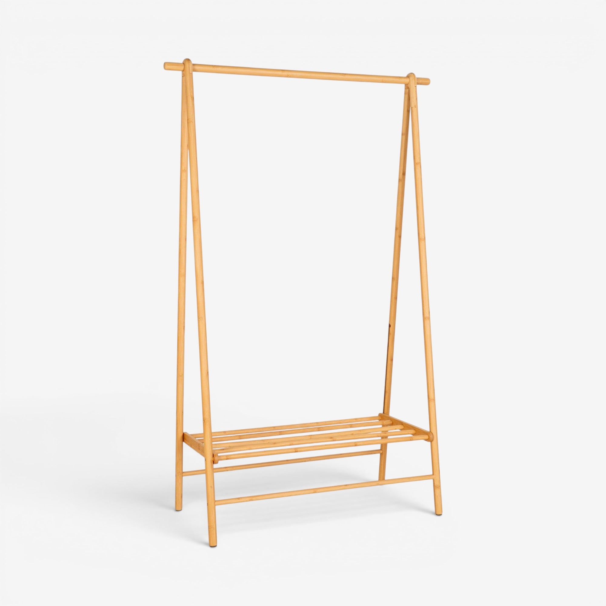 Kayu Living Manaus natural bamboo clothes rack with hanging rail and slatted shelf. Eco-friendly organizer.