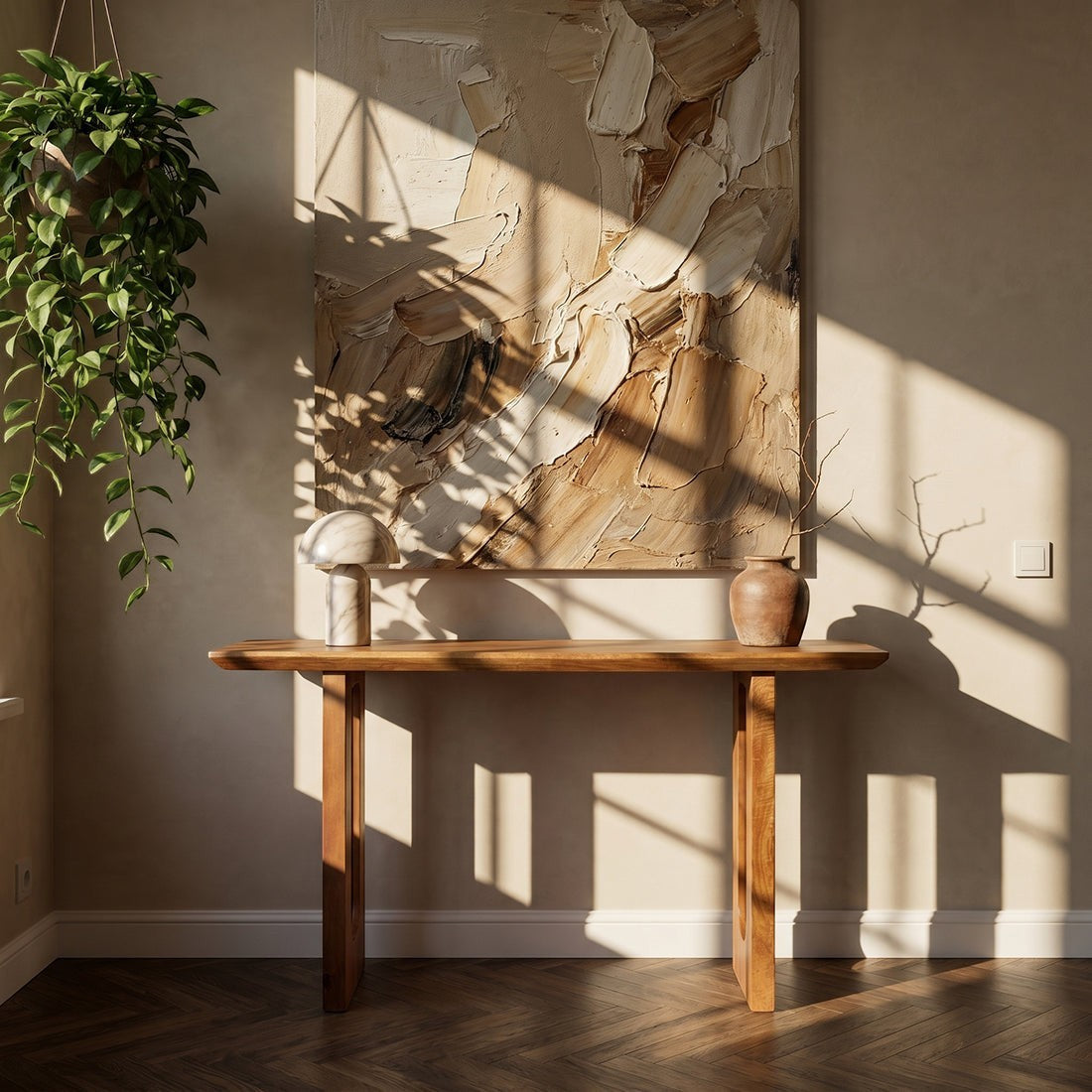 Kayu Living mango wood console table with chamfered edges, styled in a sunlit room with a textured wall art piece.