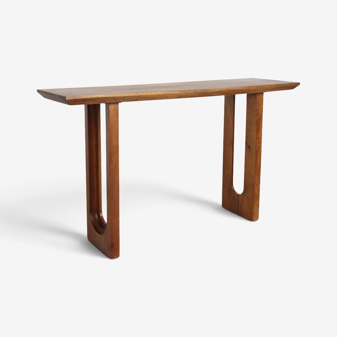 Kayu Living solid mango wood console table with a bullnose chamfered edge and unique U-shaped leg design.