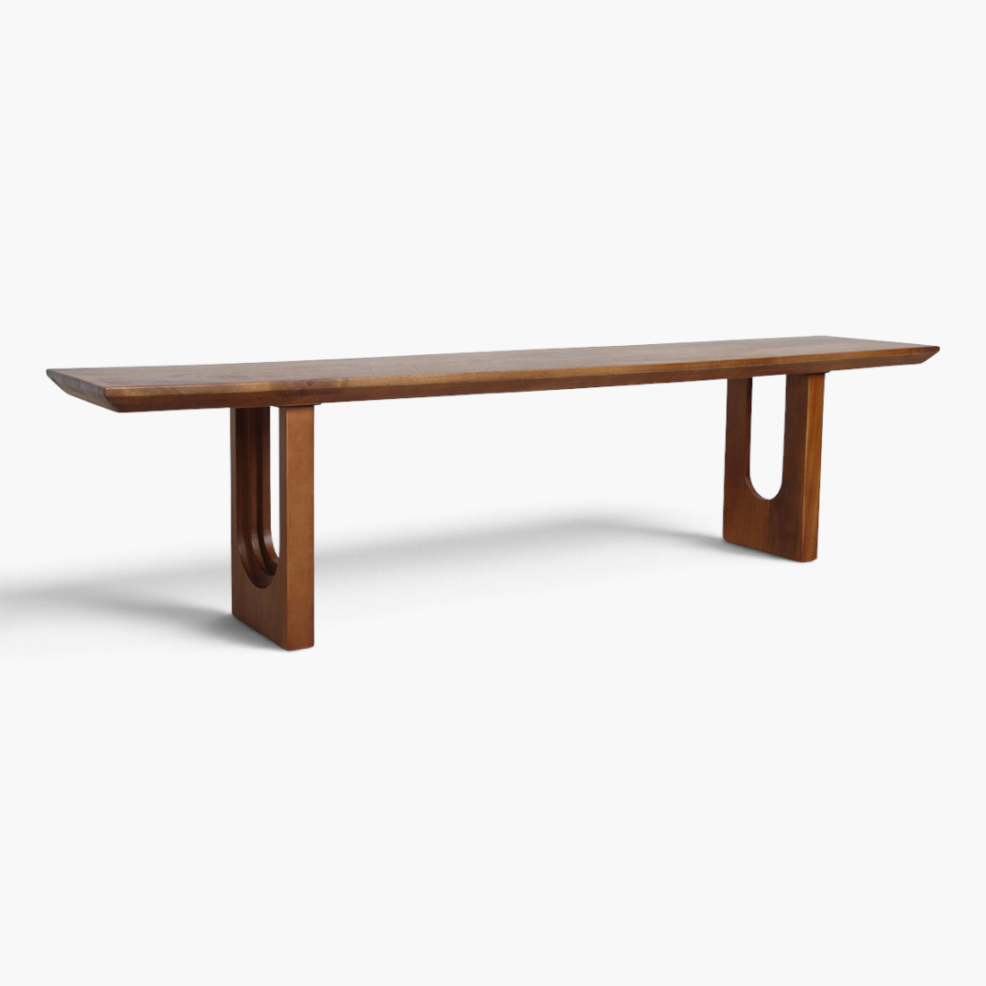 Kayu Living 180cm mango wood dining bench with bullnose chamfered edges and unique U-shaped architectural legs.