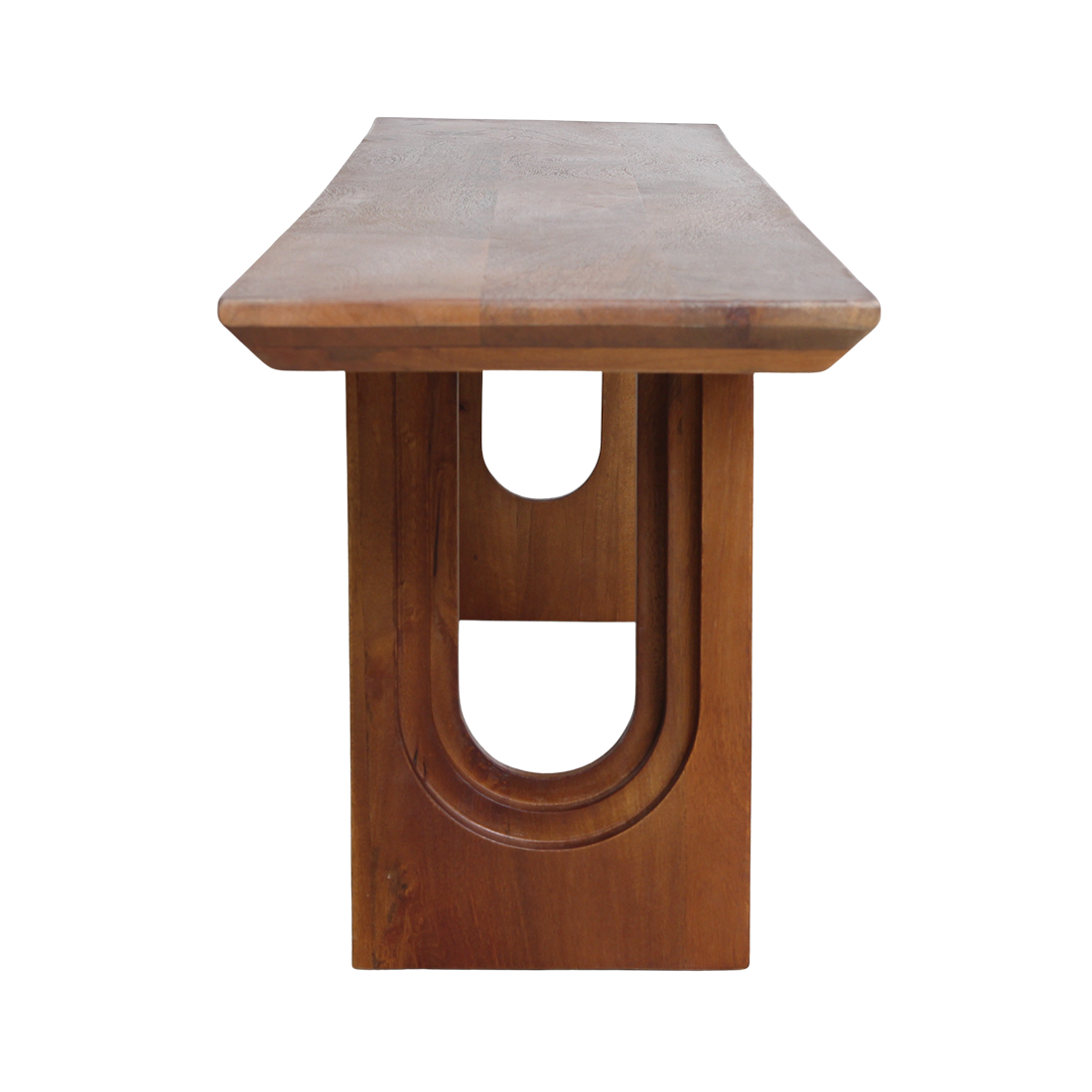 Kayu Living 180cm mango wood dining bench with bullnose chamfered edges and a unique arched pedestal base