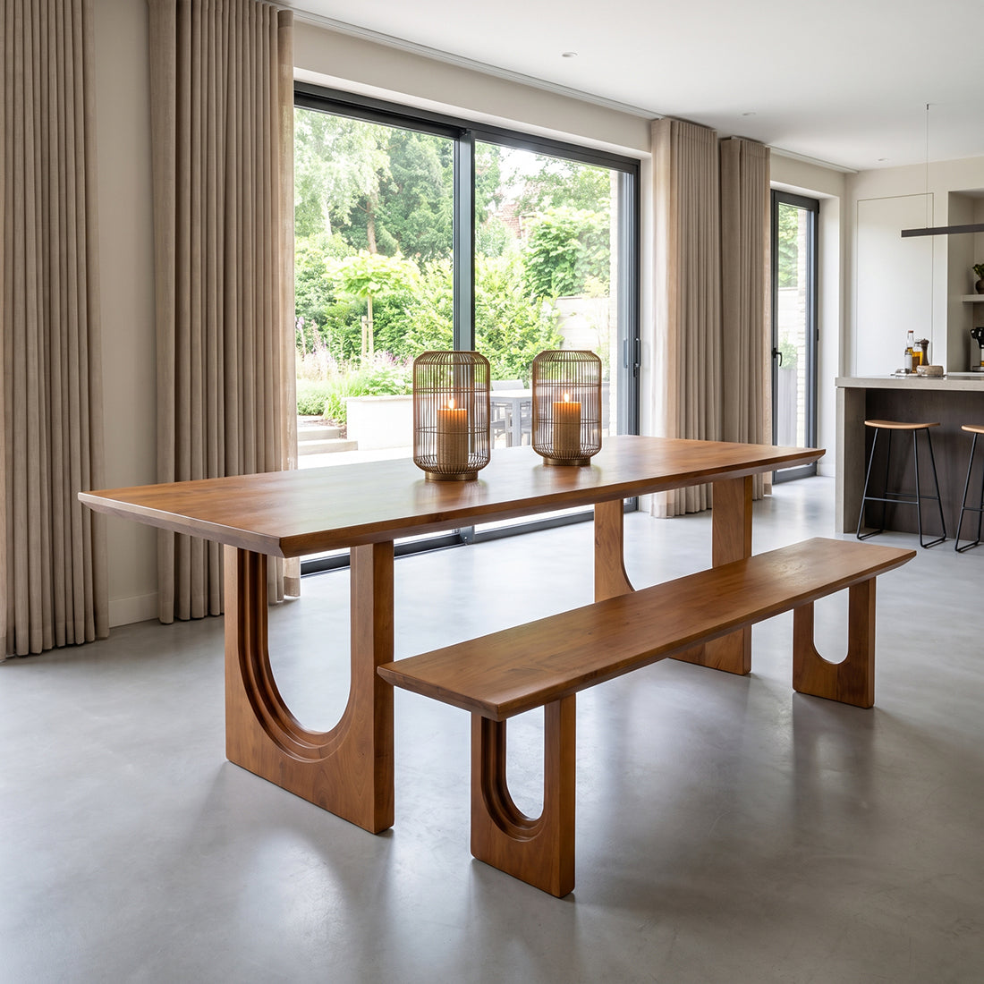 Kayu Living 180cm mango wood dining bench with chamfered bullnose edges in a modern sunlit dining room