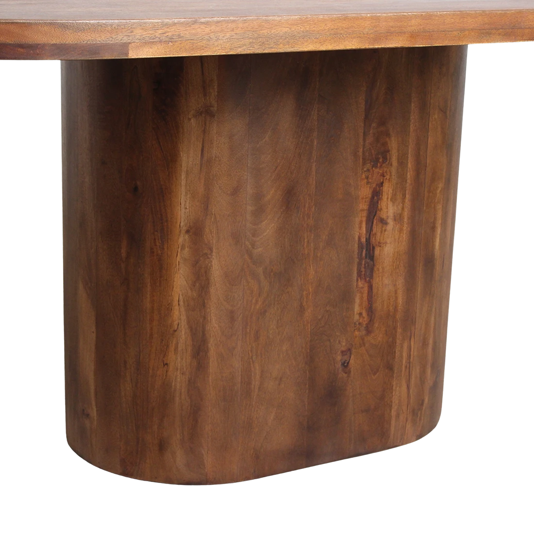 Kayu Living Bullnose oblong dining table in solid mango wood with a sturdy central pedestal base and natural grain.