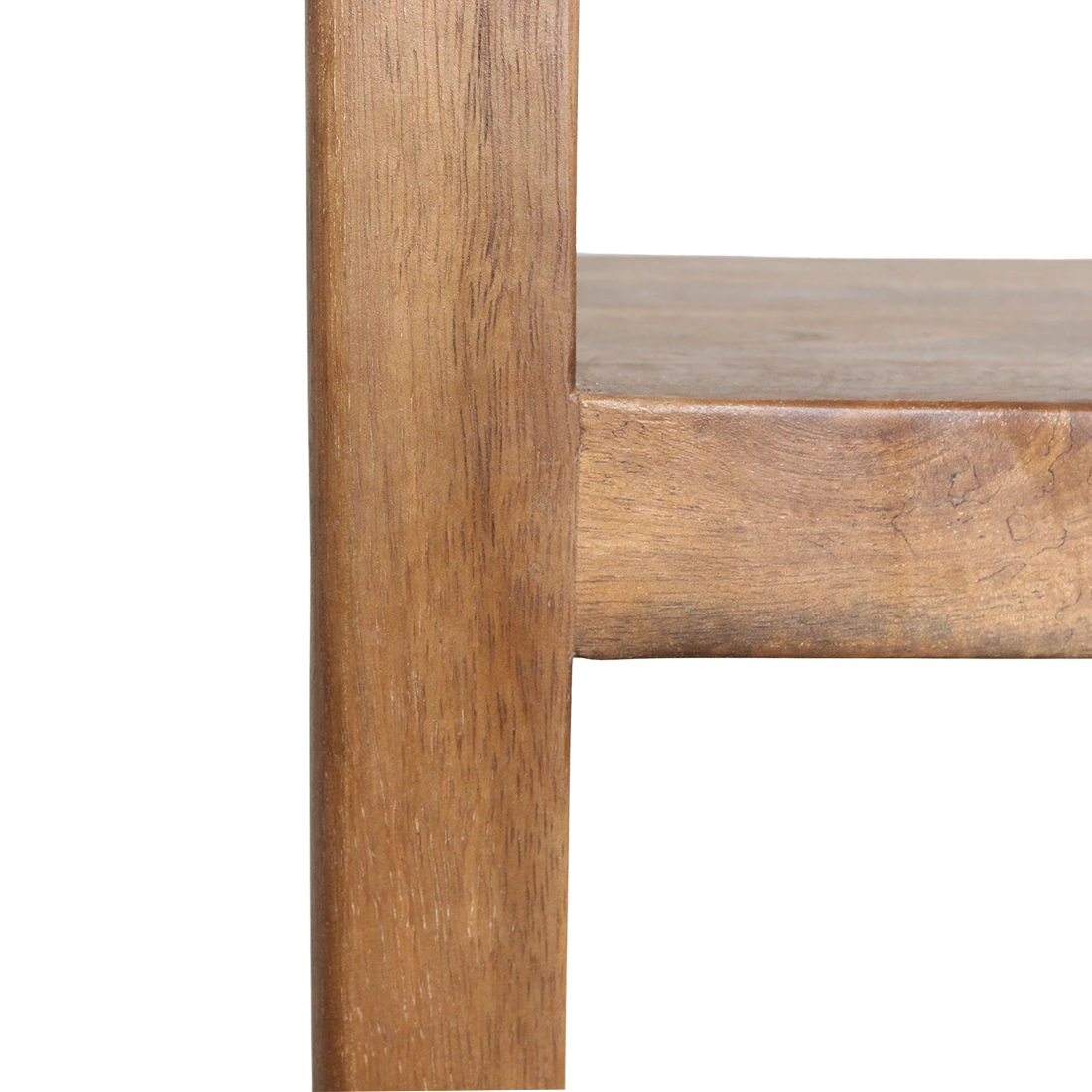 Close-up of Kayu Living bullnose mango wood shelving unit showing natural wood grain and sturdy joinery.