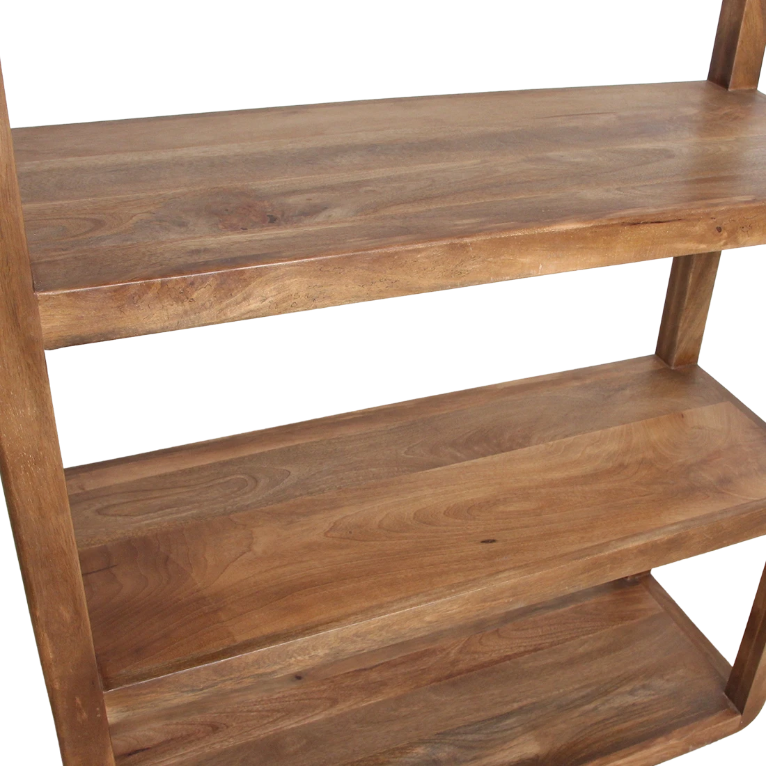 Kayu Living bullnose mango wood shelving unit with three natural grain wooden shelves against a black background.