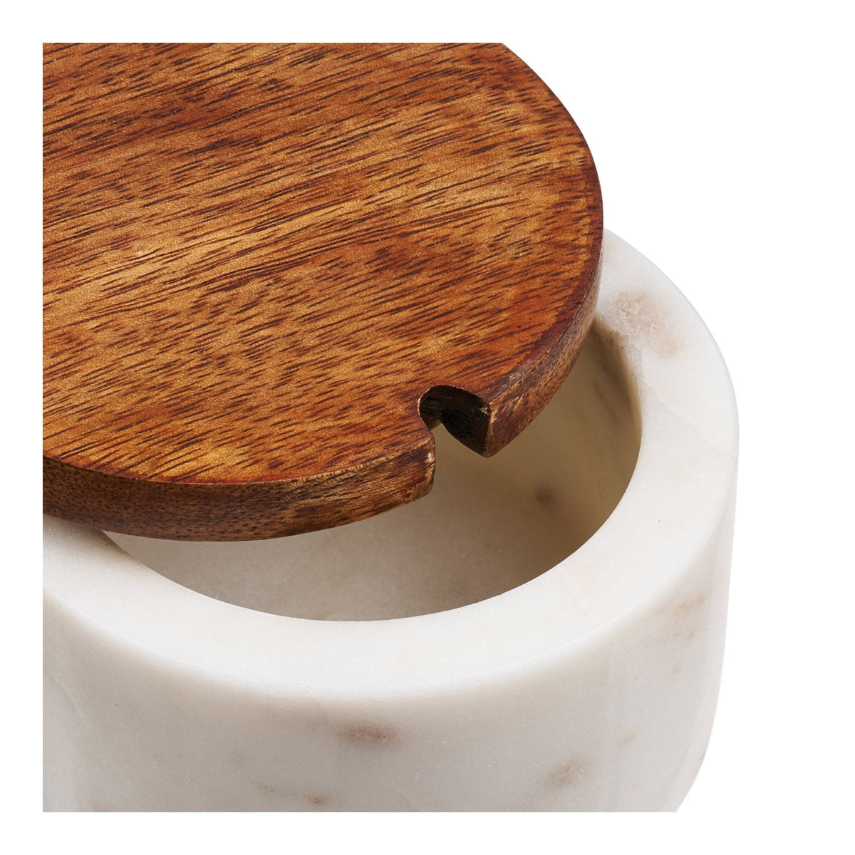 Kayu Living Pauri marble storage jar with a round mango wood lid, featuring a notch for a spoon.