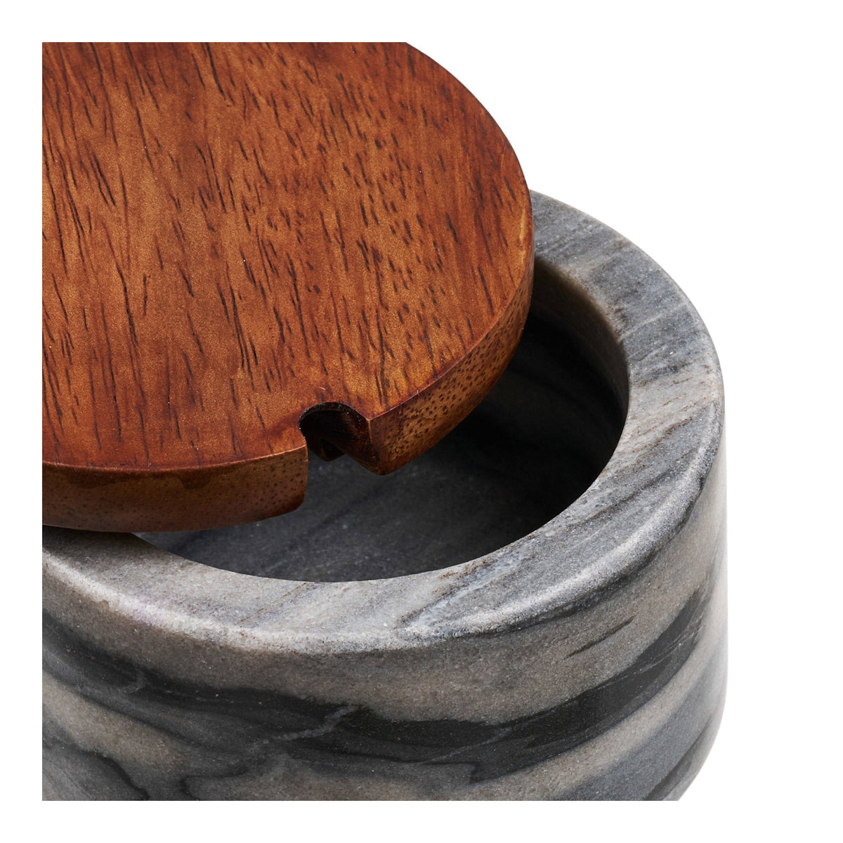 Kayu Living Pauri marble storage jar with a natural mango wood lid, featuring grey and white veined stone texture.