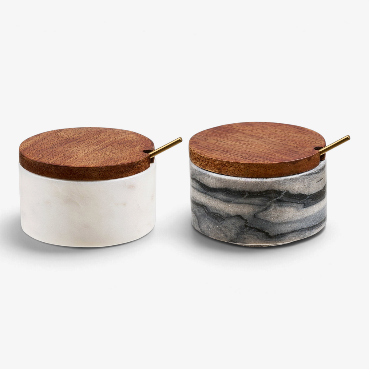 Kayu Living Pauri set of two marble storage jars with wooden lids and brass spoons in grey and white