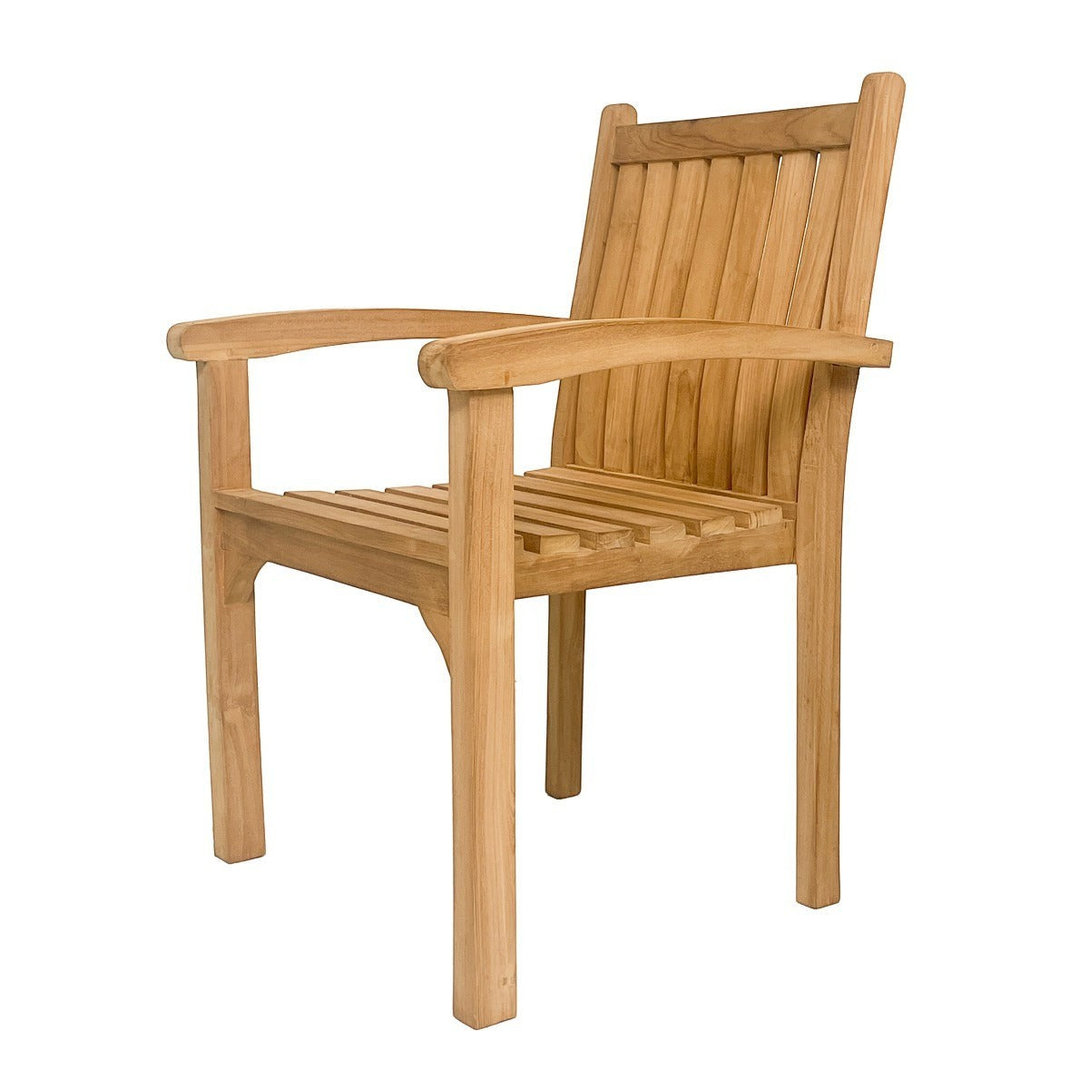 Kayu Living Marco teak outdoor armchair with a slatted back and armrests, featuring a natural wood finish.