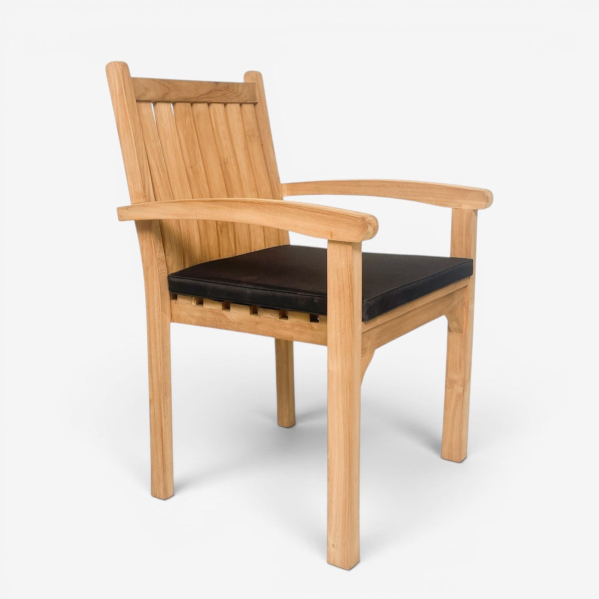 Kayu Living Marco teak outdoor chair with a black seat cushion and slatted backrest on a white background