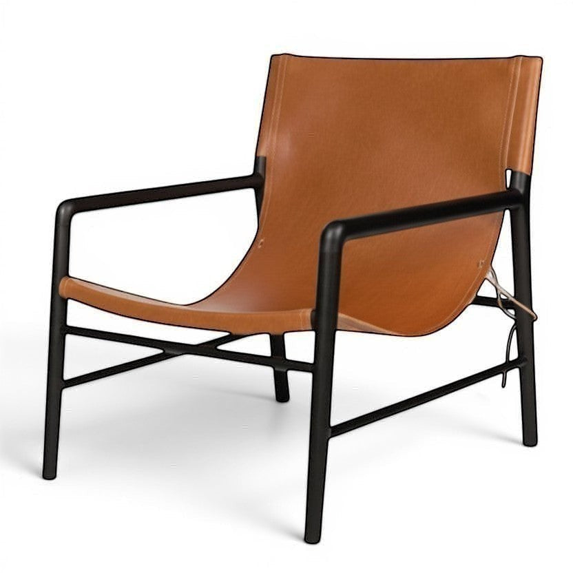 Kayu Living Marita lounge chair in cognac leather with black frame. Modern armchair for living room.