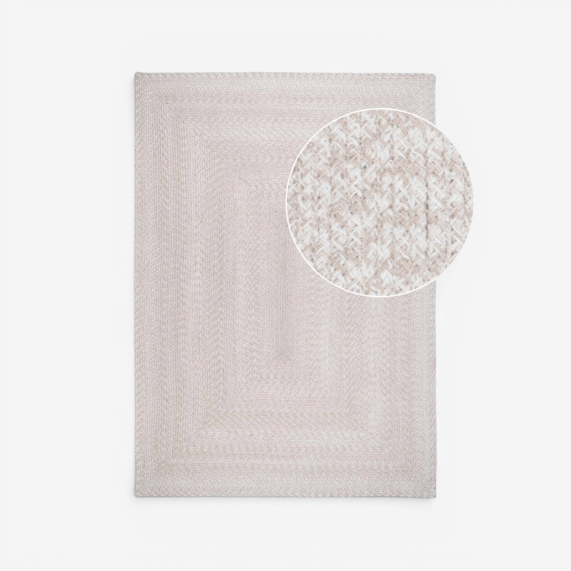 Kayu Living Menorca sand rug, 100% recycled PET, 140 x 200 cm, woven texture, suitable for indoor/outdoor use.
