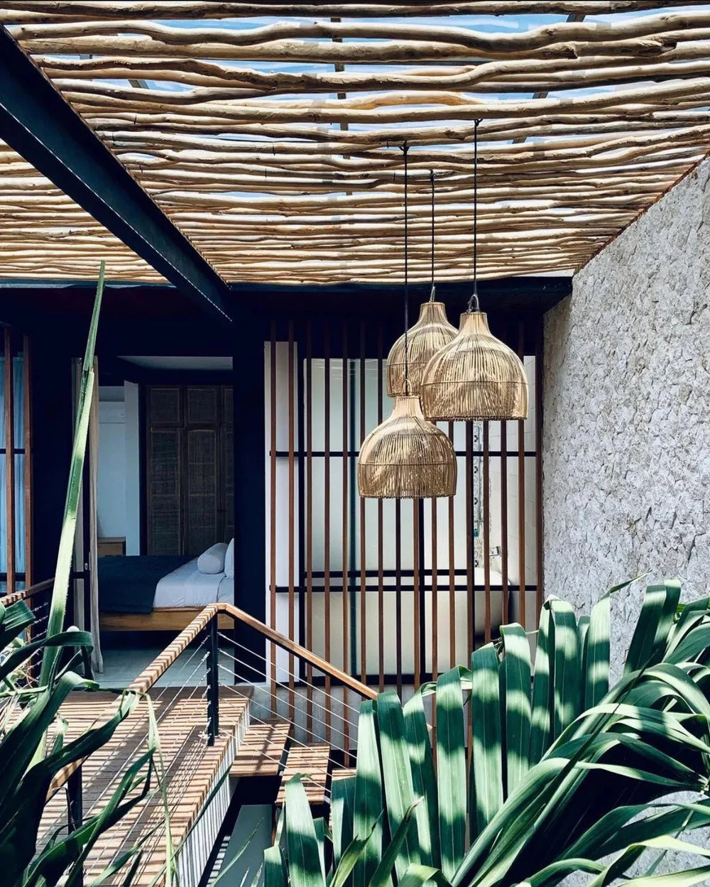Kayu Living natural rattan pendant lamp with handwoven vase shape, coastal charm.