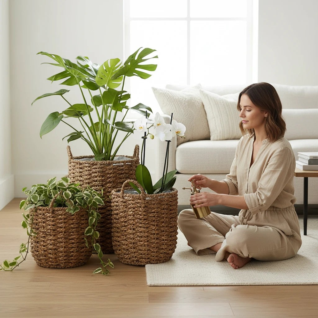 Kayu Living set of 3 natural seagrass baskets in graduated sizes used as indoor plant pots in a bright living room.