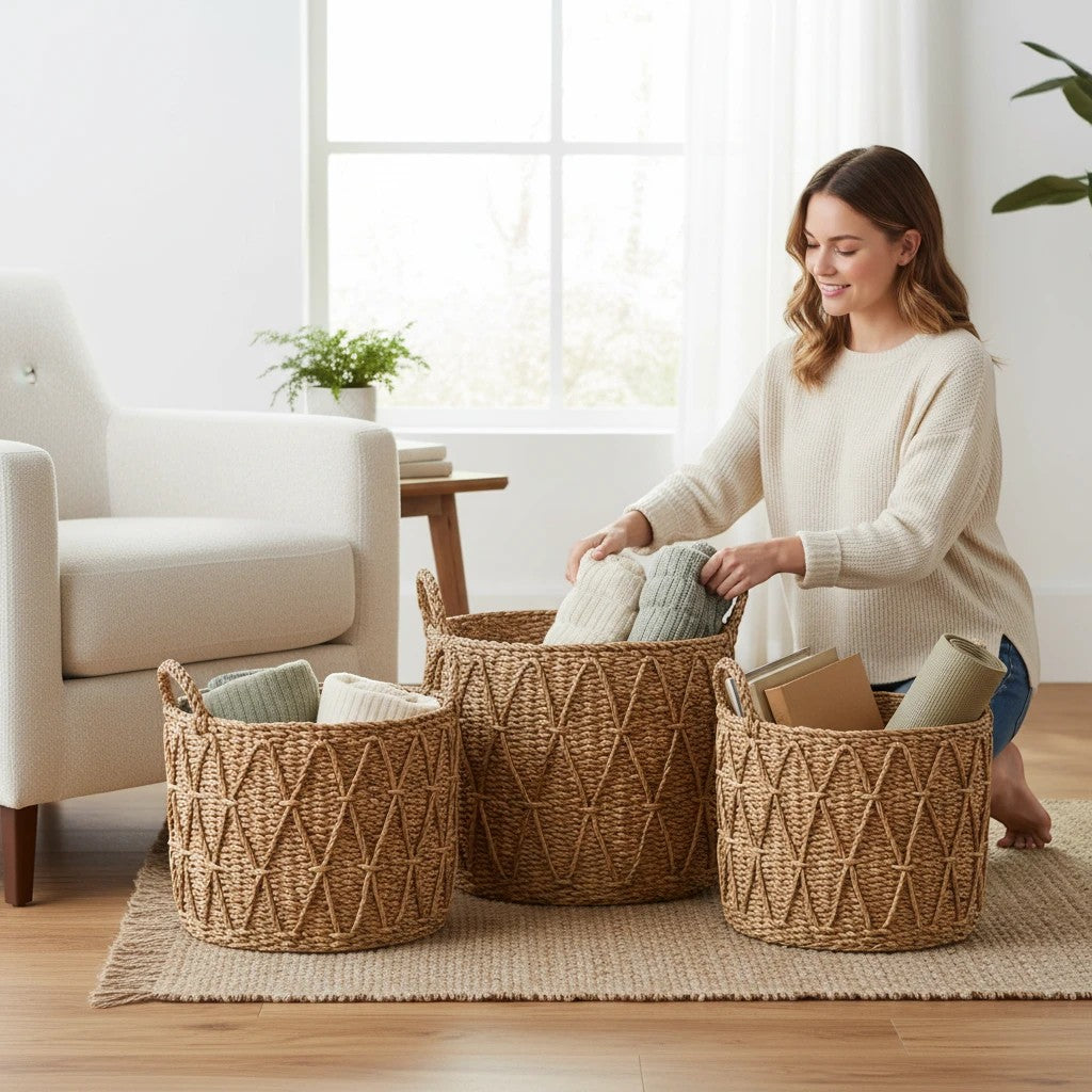 Kayu Living set of three handcrafted natural seagrass storage baskets with a woven diamond pattern in a bright room.