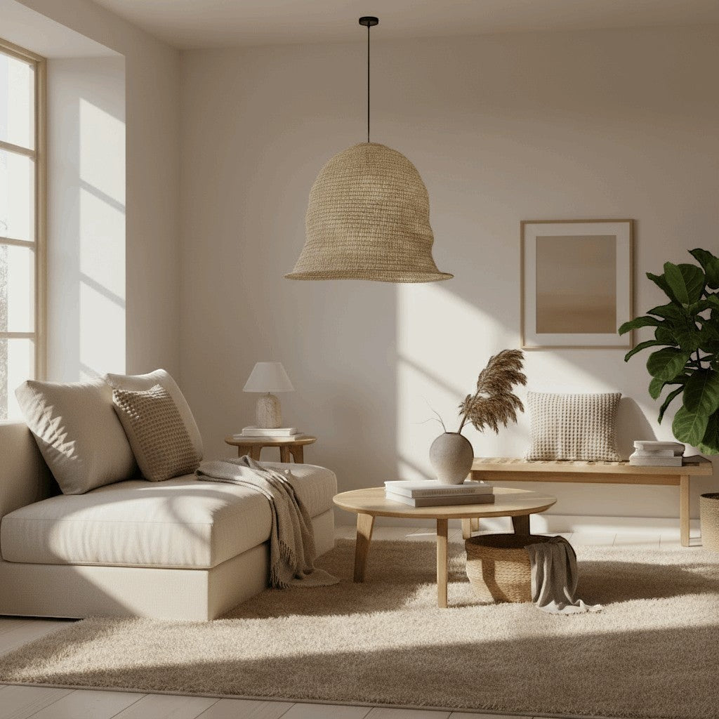 Kayu Living natural sisal bell-shaped pendant lamp with organic texture, bringing an earthy vibe to a cozy living room.