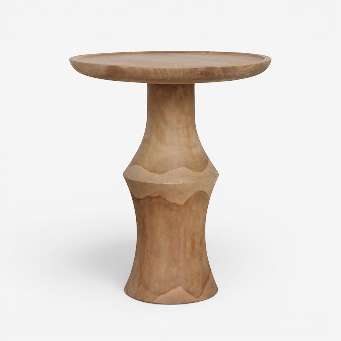 Kayu Living Nero Dawn side table in natural teak wood with a sculptural pedestal base and round tabletop.