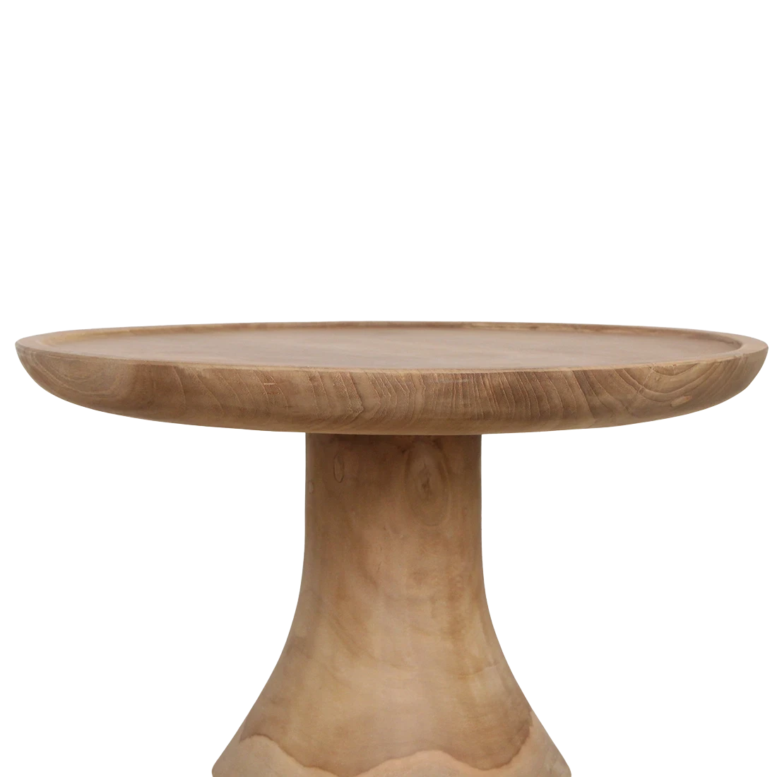 Kayu Living Nero Dawn side table in natural teak wood with a pedestal base and circular top against a black background
