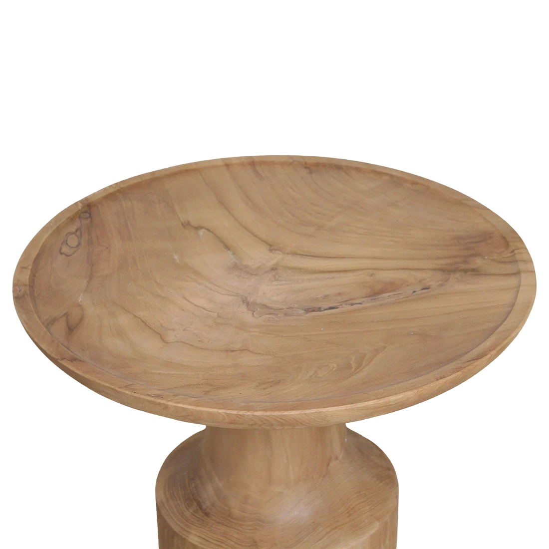Kayu Living Nero Day round teak side table with a natural wood grain finish and a sleek pedestal base