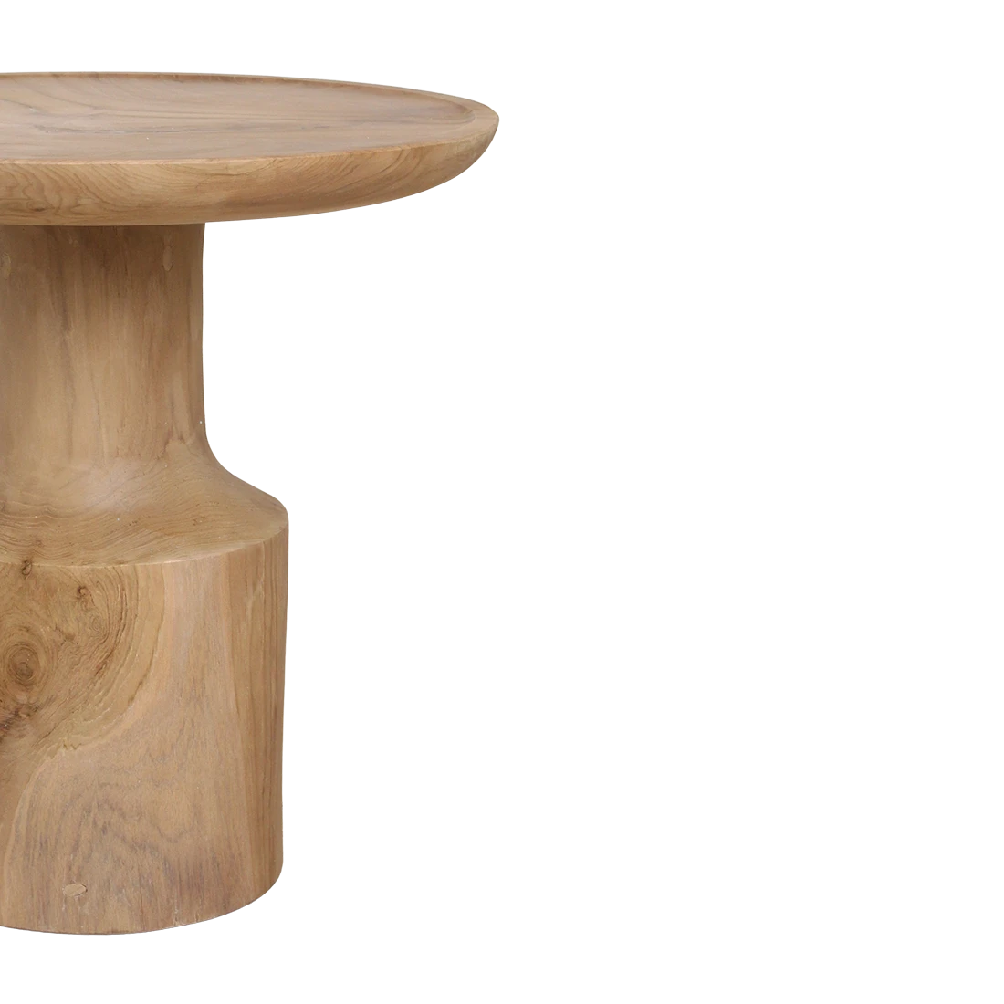 Kayu Living Nero Day side table in natural teak wood with a modern pedestal base and smooth circular top
