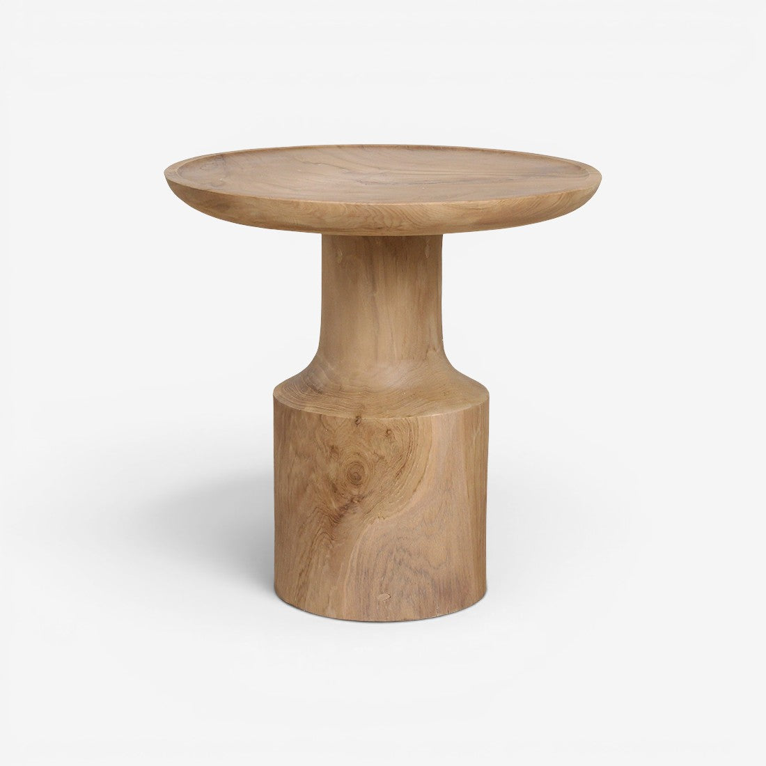 Kayu Living Nero Day side table in natural teak wood with a modern pedestal base and circular tabletop.
