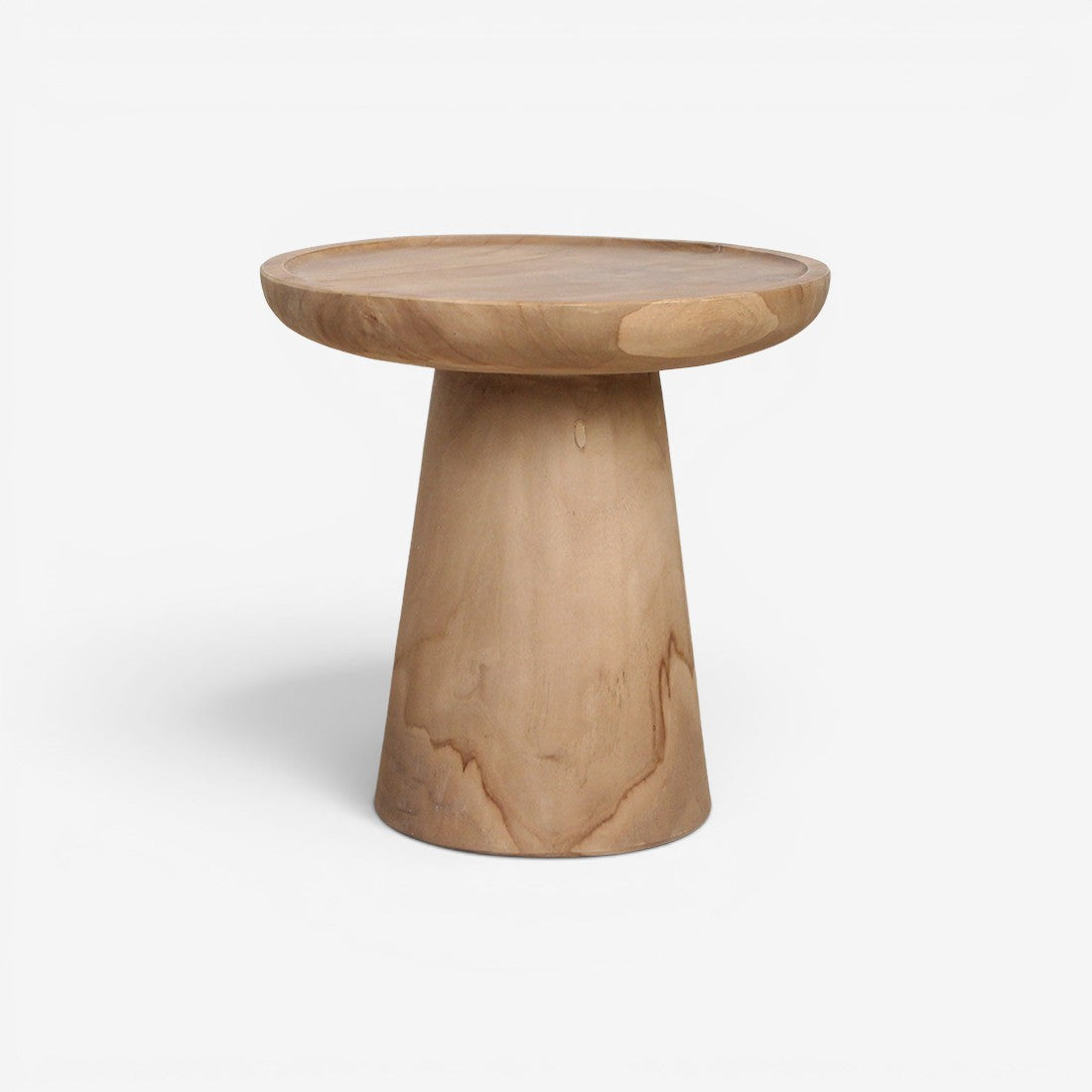 Kayu Living Nero Ray side table in natural teak wood with a modern pedestal base and circular top.