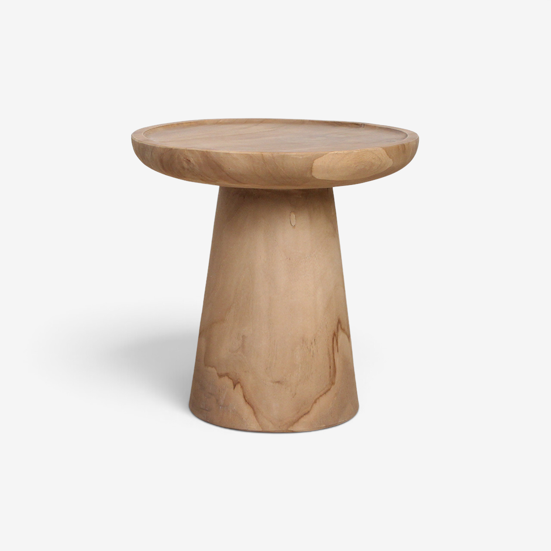 Kayu Living Nero Ray side table in natural teak wood with a modern pedestal base and circular tabletop.