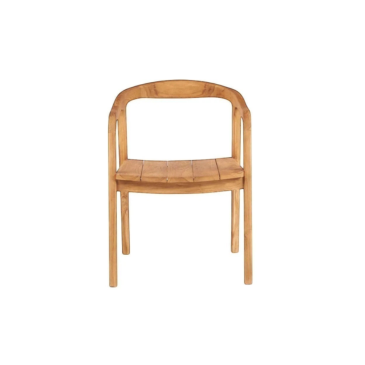 Kayu Living Nihi Oka dining chair in natural teak with curved back and slatted seat, perfect for indoor or outdoor use.