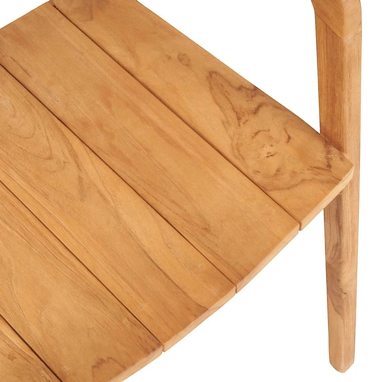 Kayu Living Nihi Oka outdoor dining chair made of natural teak wood with a slatted seat and curved back.