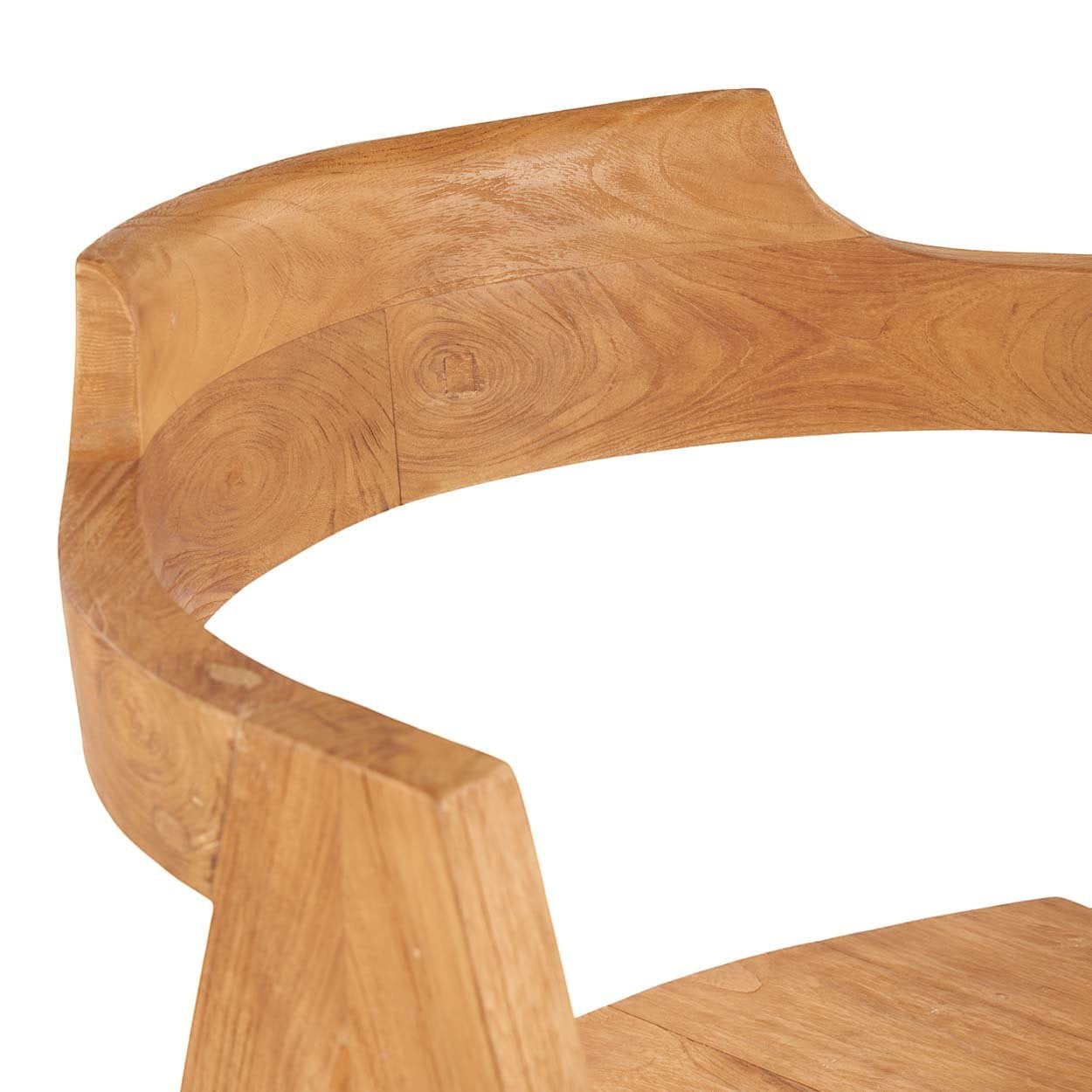 Kayu Living Nihi Sumba outdoor dining chair in natural teak with sculpted curves and crisp lines.