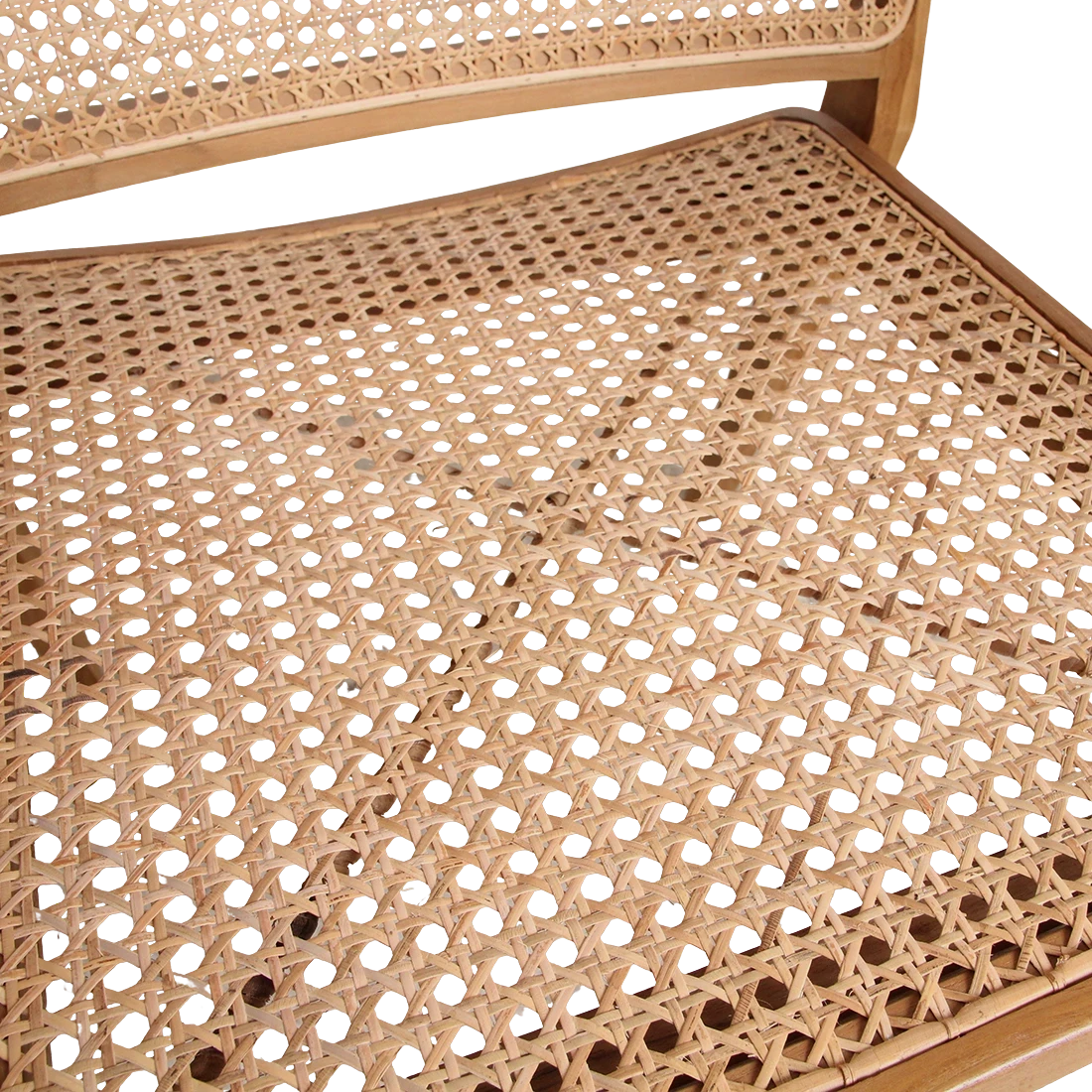 Kayu Living Nova teak dining chair featuring a hand-woven natural rattan seat and sturdy wooden frame.