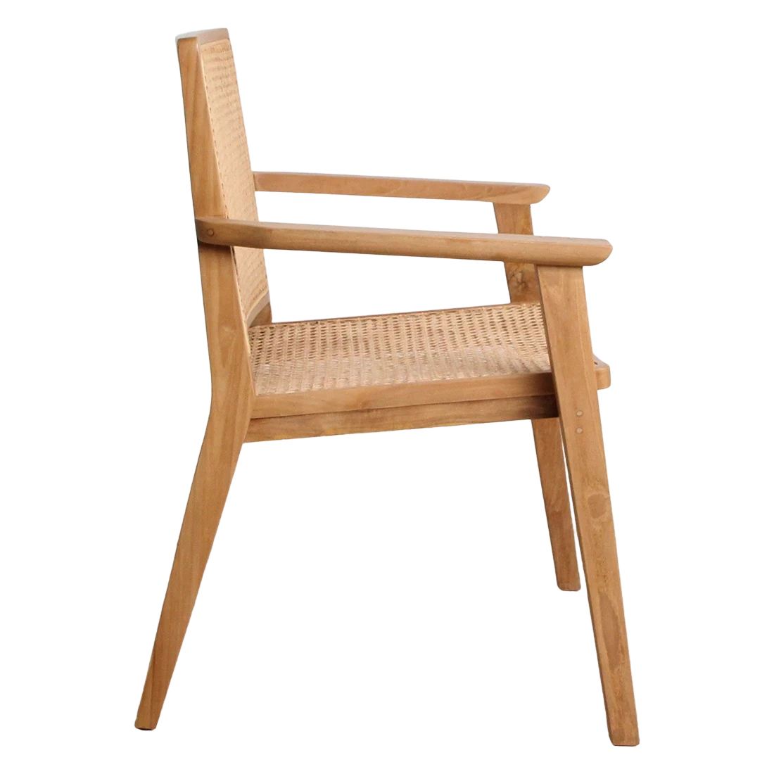 Kayu Living Nova teak dining chair with armrests and hand-woven rattan seat and back in a natural wood finish.