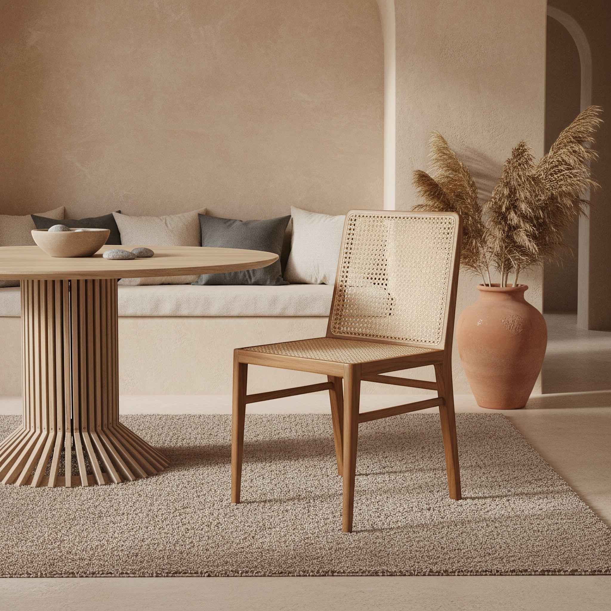 Kayu Living Nova teak dining chair with hand-woven rattan seat and back in a minimalist natural dining room setting.