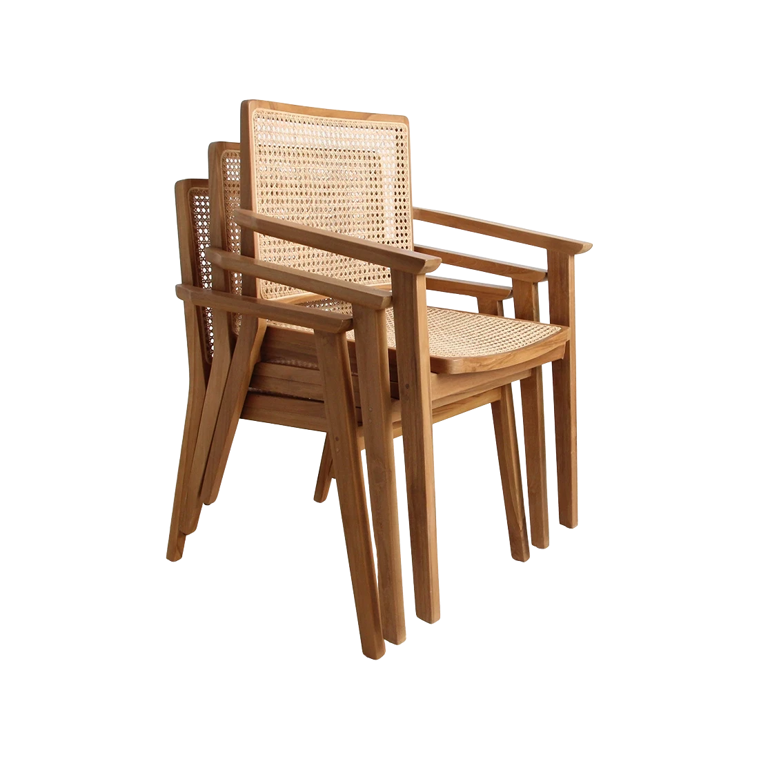 Kayu Living Nova teak dining chairs with armrests and hand-woven rattan seats and backs in a natural wood finish.