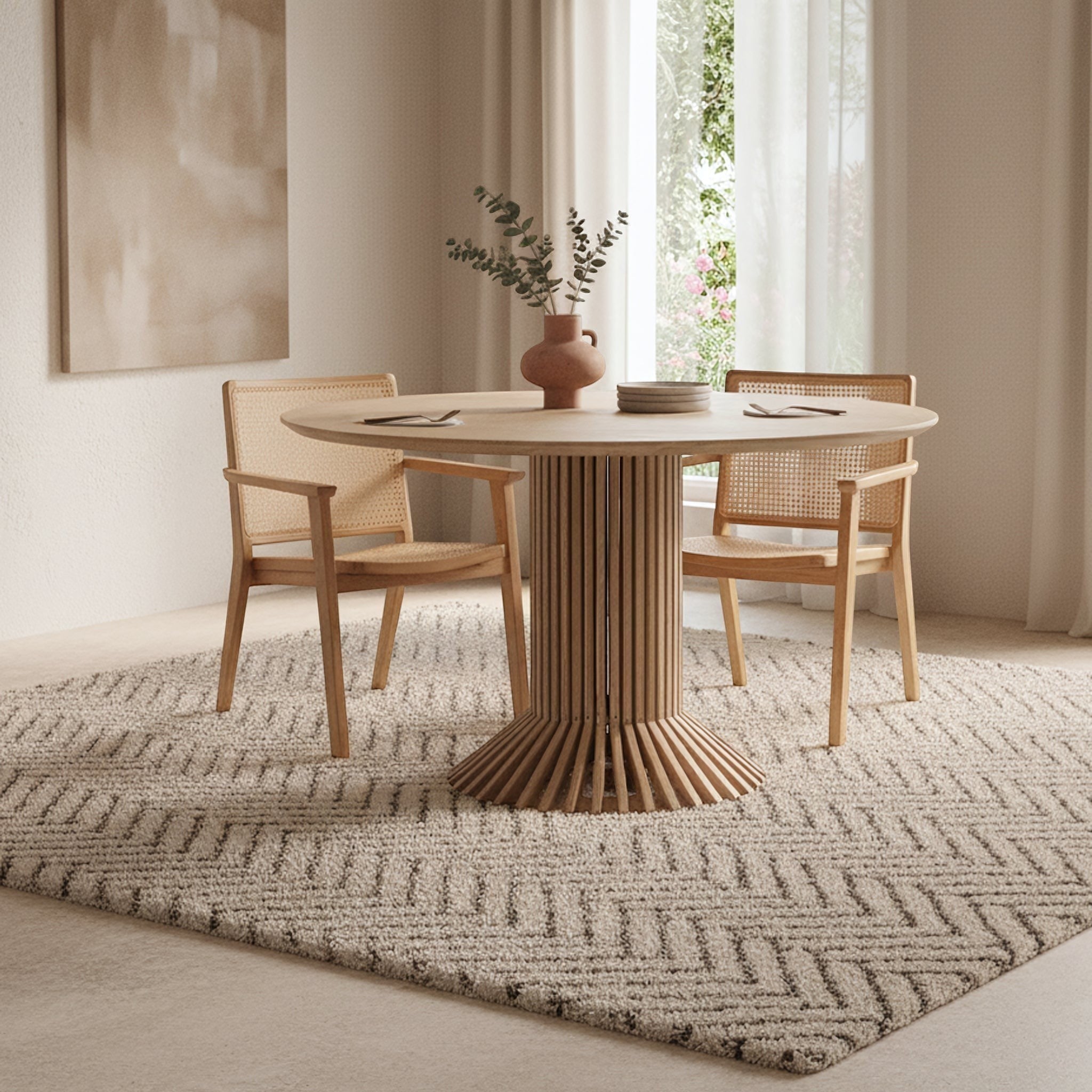 Kayu Living Nova teak dining chairs with hand-woven rattan seats and armrests in a modern minimalist dining room.