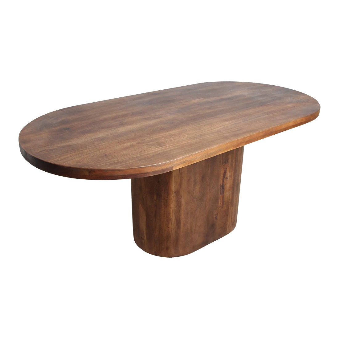 Kayu Living bullnose oblong dining table in solid mango wood with a natural grain finish and central pedestal base.
