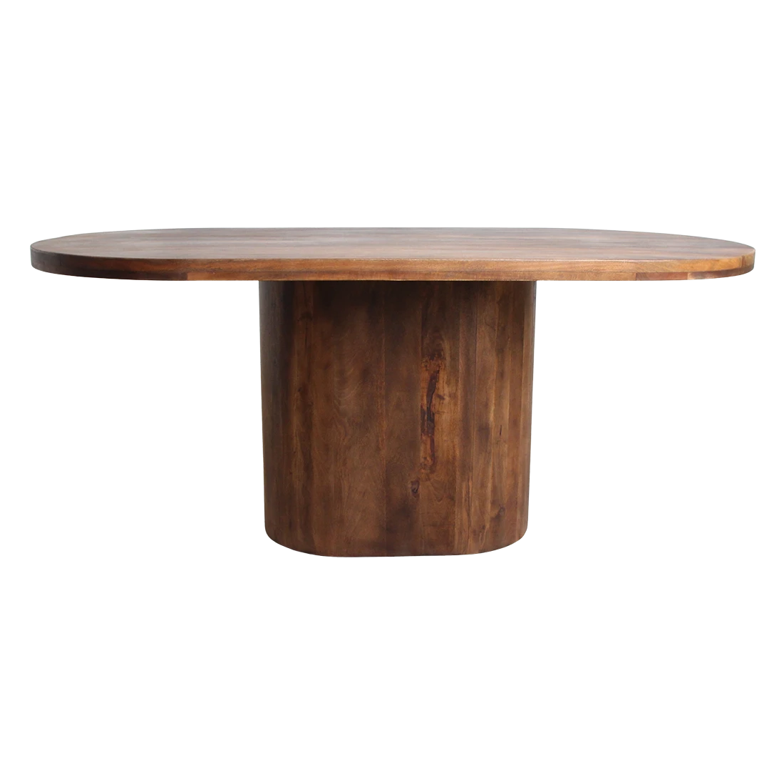 Kayu Living 180cm oblong dining table in solid mango wood with a smooth bullnose edge and sturdy central pedestal base.