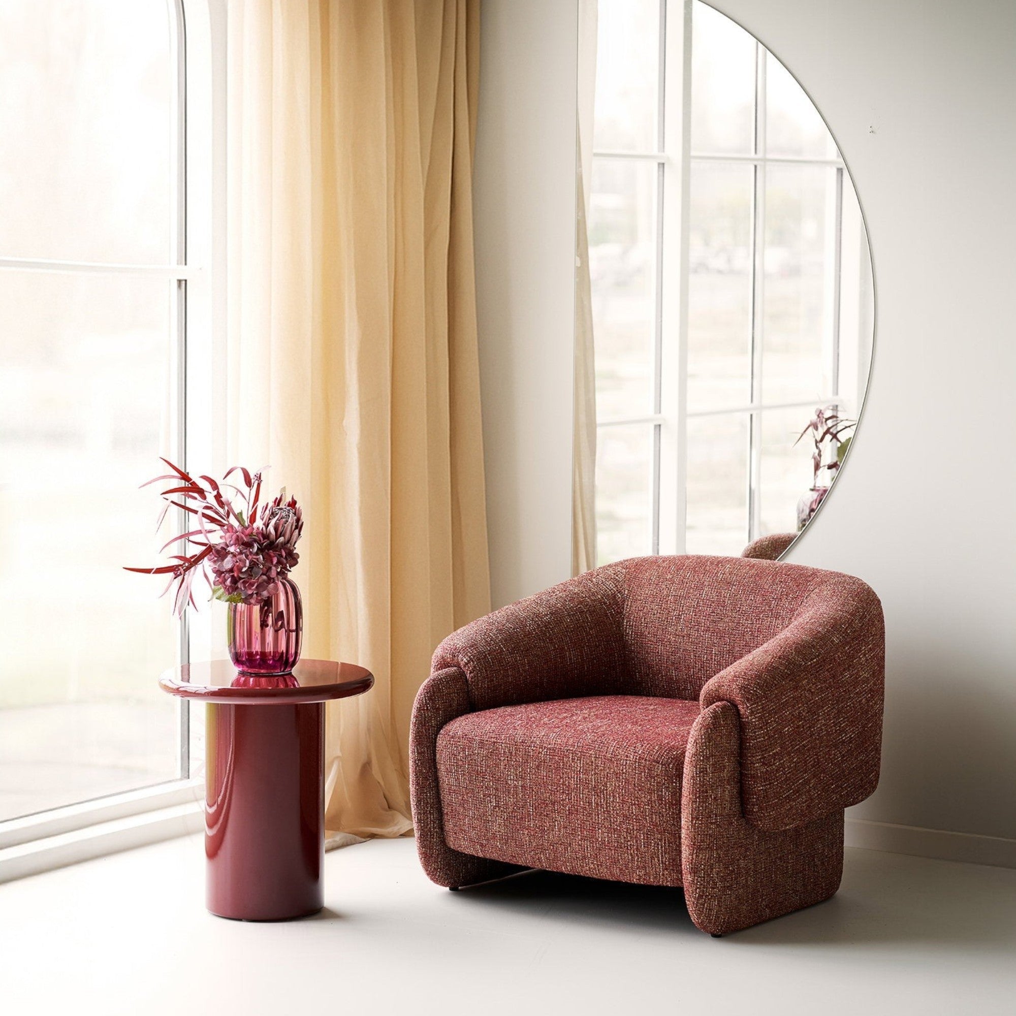 Kayu Living Otago side table in burgundy MDF, a compact modern accent piece with a glossy finish.