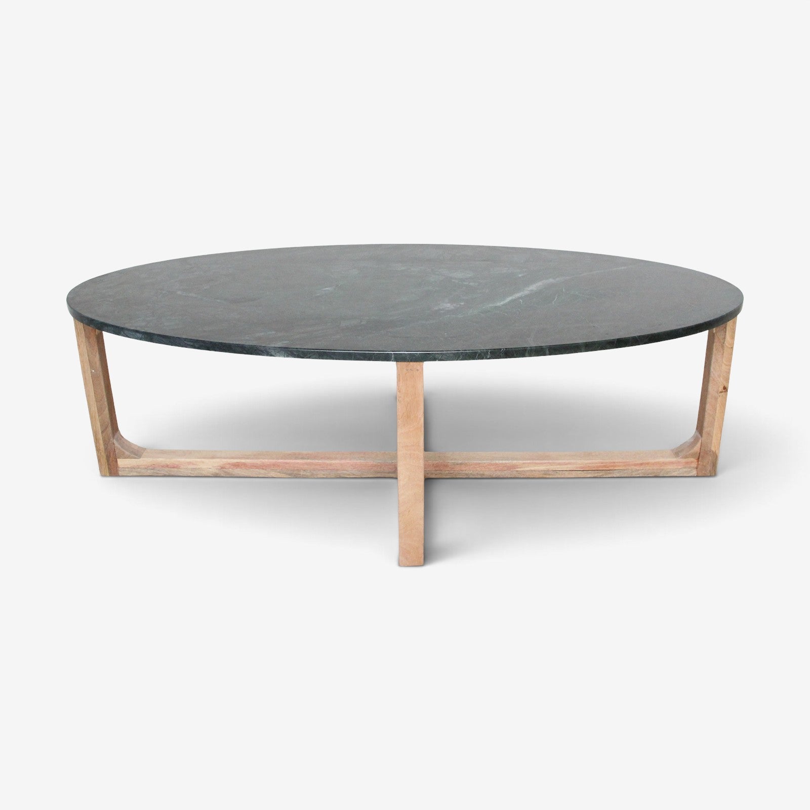 Kayu Living oval coffee table with a green marble top and a sustainable mango wood base on a white background.