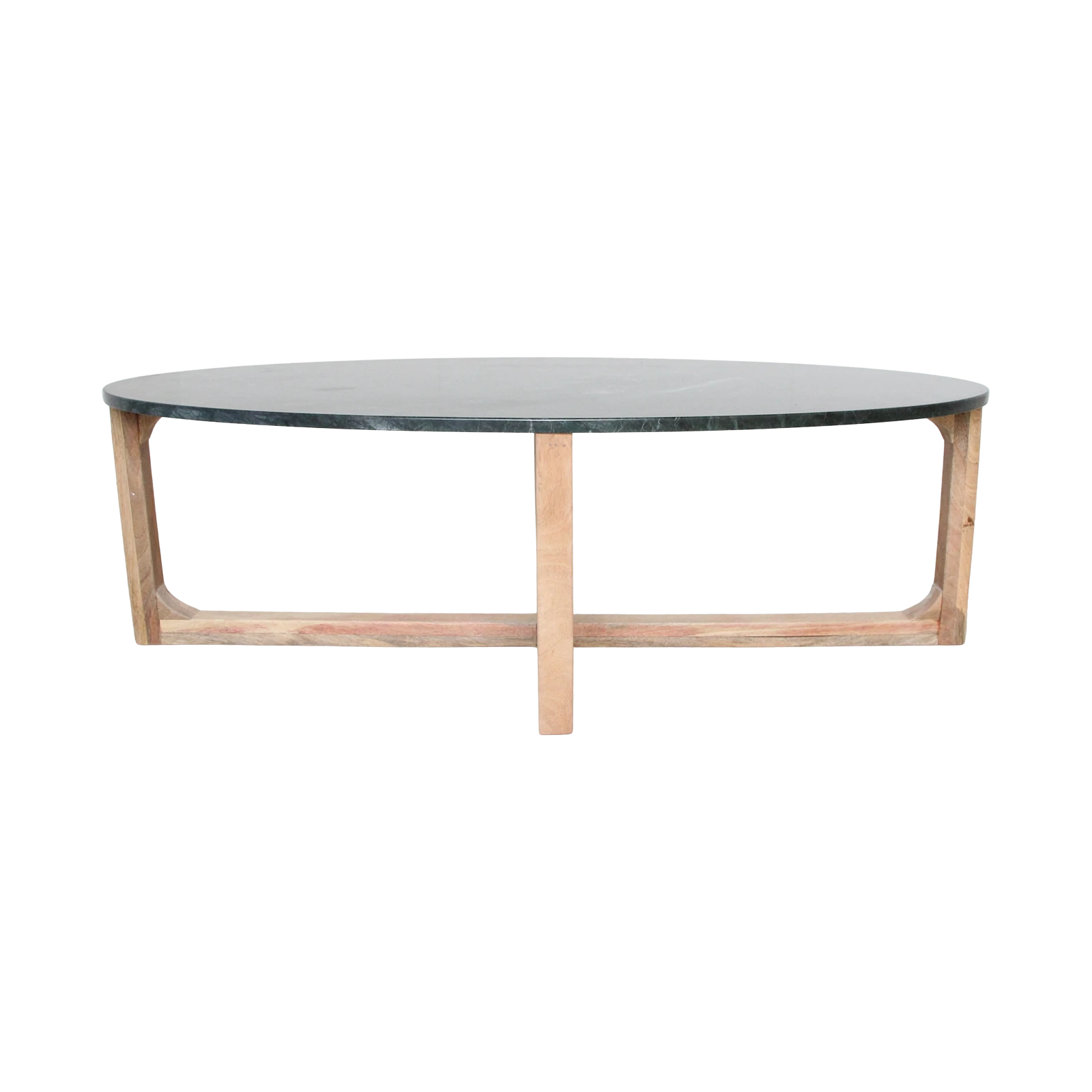 Kayu Living oval coffee table with a green marble top and a sustainable mango wood base.