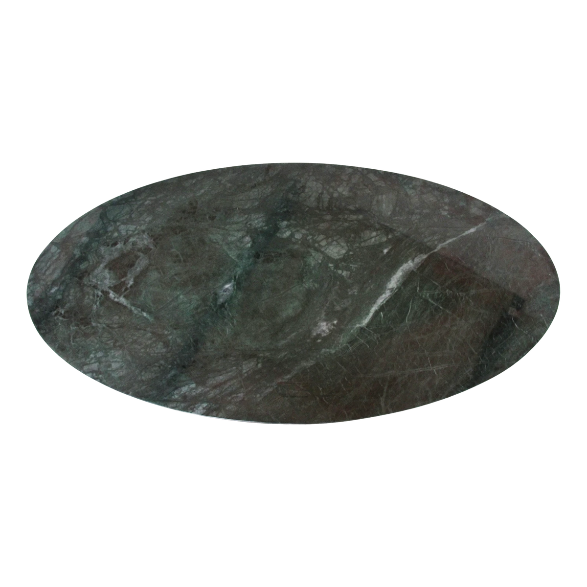 Kayu Living oval coffee table featuring a unique green marble top with natural white veining on a white background.