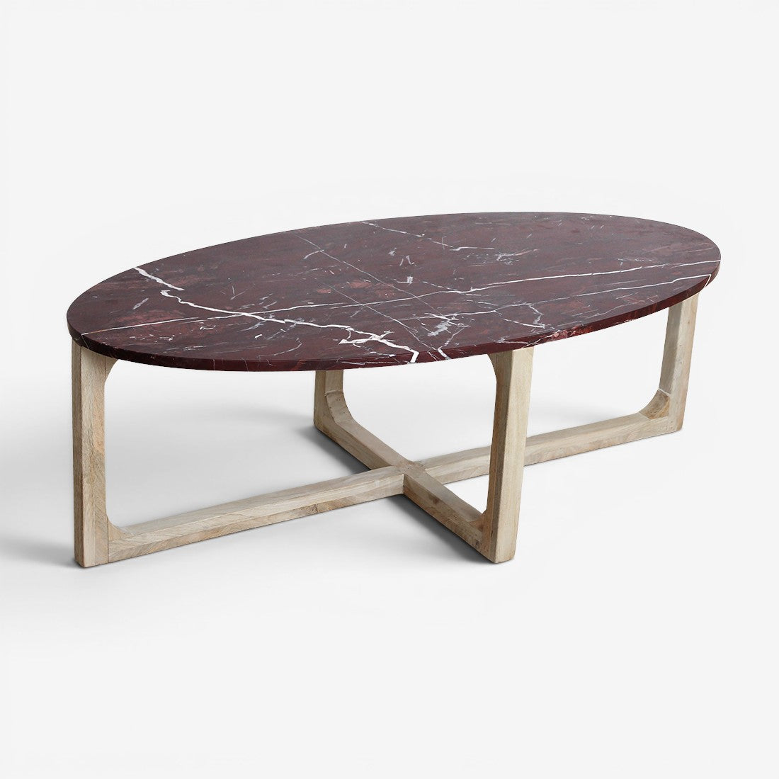 Kayu Living oval coffee table with bordeaux marble top and white veining on a natural mango wood base.