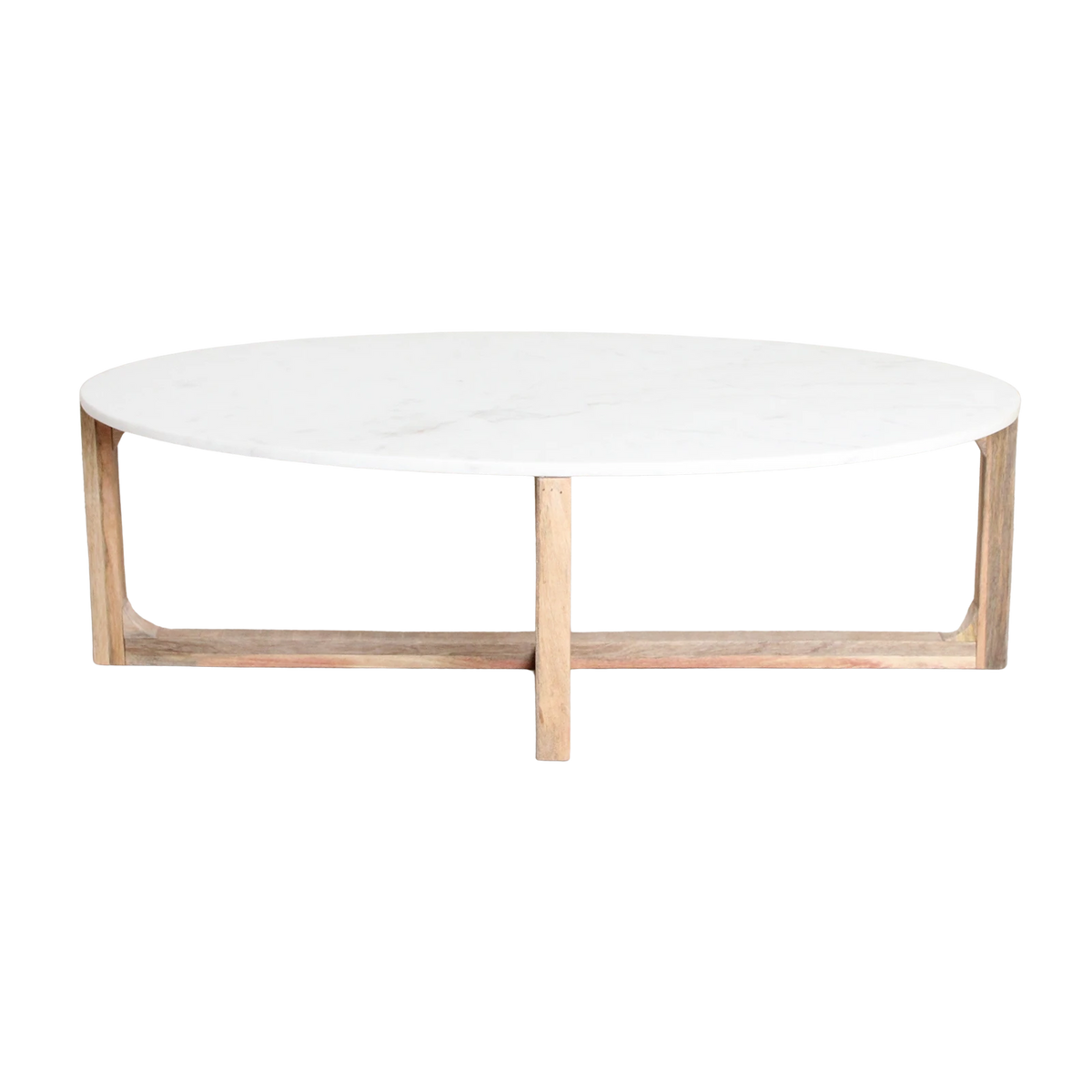 Kayu Living oval coffee table with a white marble top and natural mango wood base.