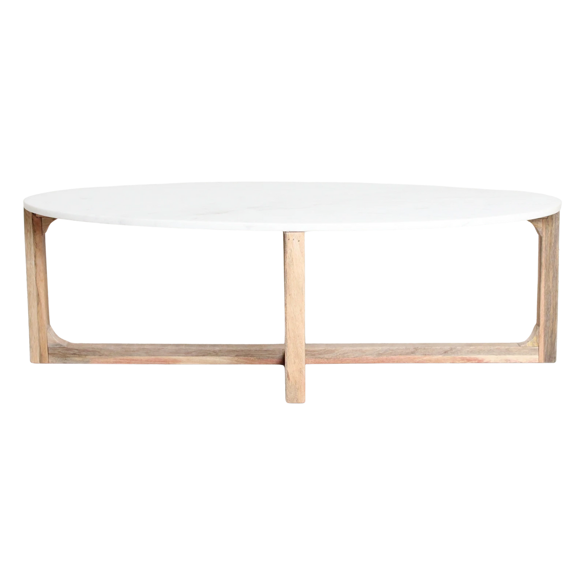 Kayu Living oval coffee table with a white marble top and natural mango wood base on a black background.