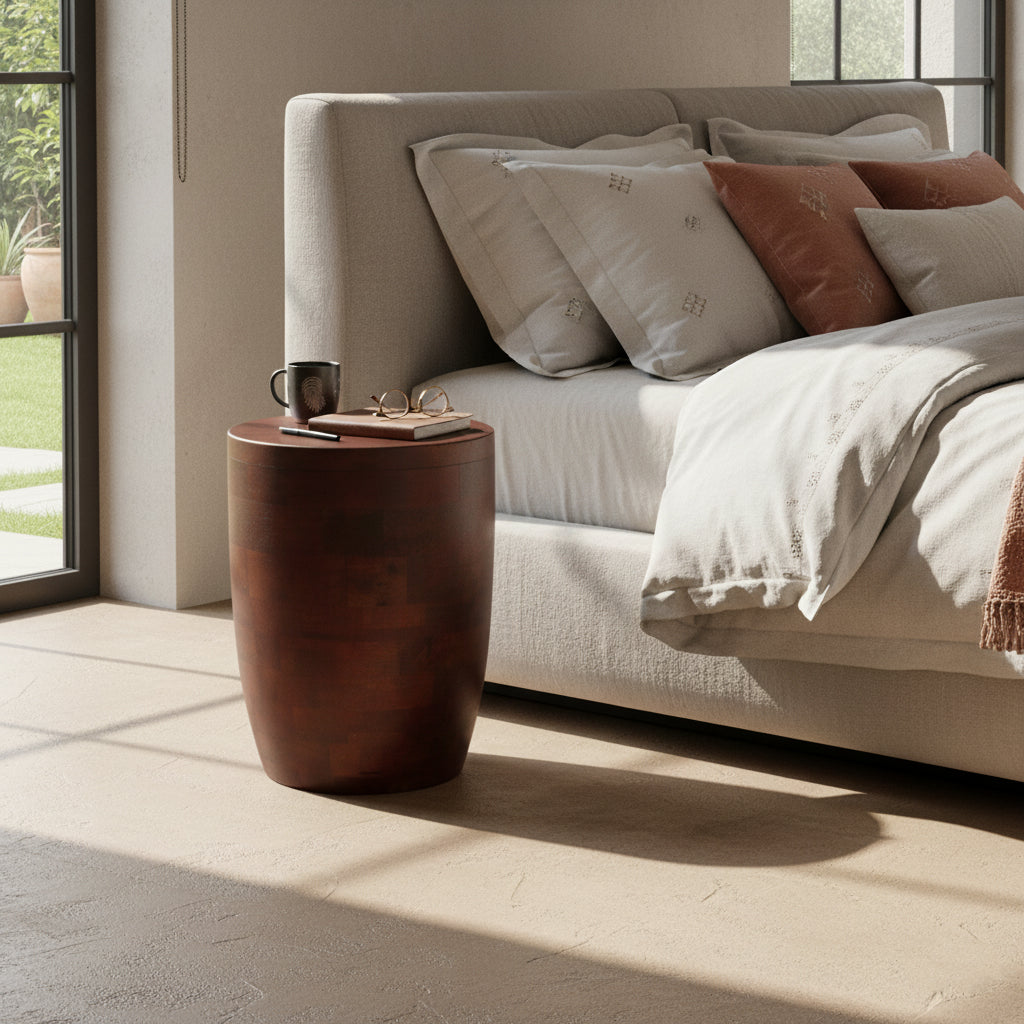 Kayu Living Pacific mango wood stool used as a bedside table with a dark wood finish in a modern bedroom setting.