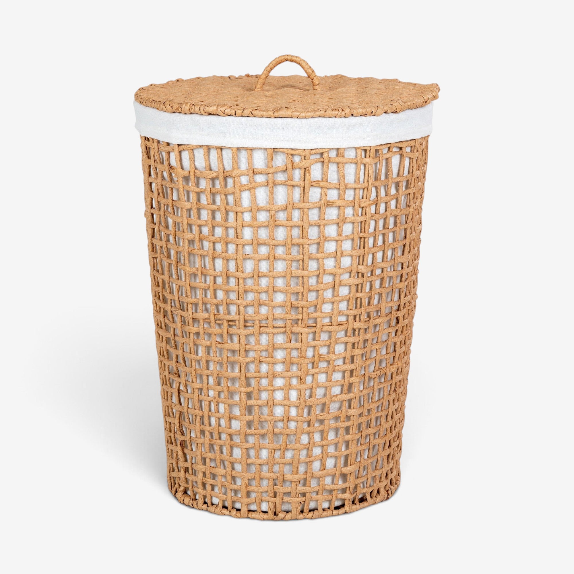 Kayu Living Pomal laundry basket with natural woven paper exterior, white fabric liner, and a matching lid.