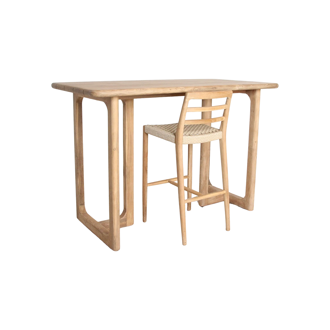 Kayu Living Primavera high bar table and matching stool in recycled teak with rounded edges and U-shaped legs.